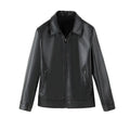 Men's black PU leather casual jacket with zipper pockets shown on a model.