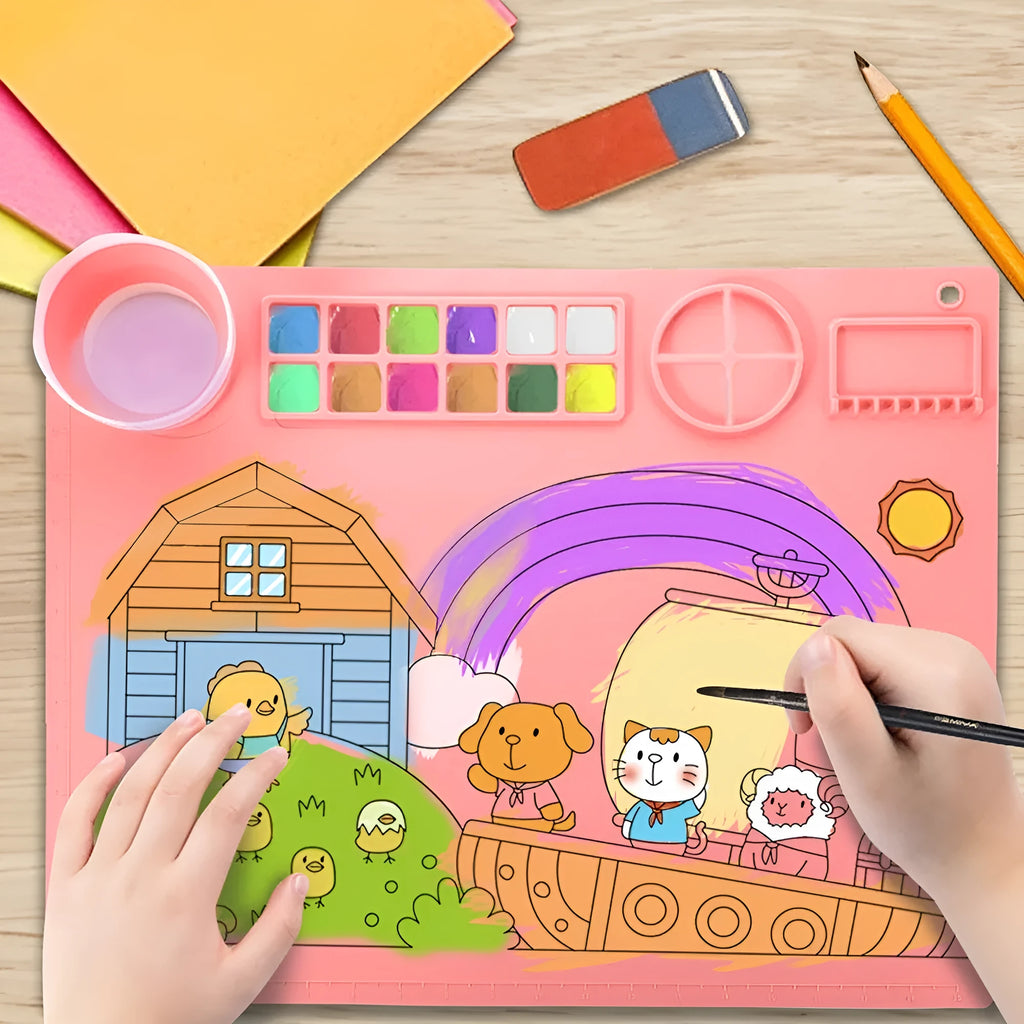 Silicone double bowl painting mat for watercolour art in various colours on a table