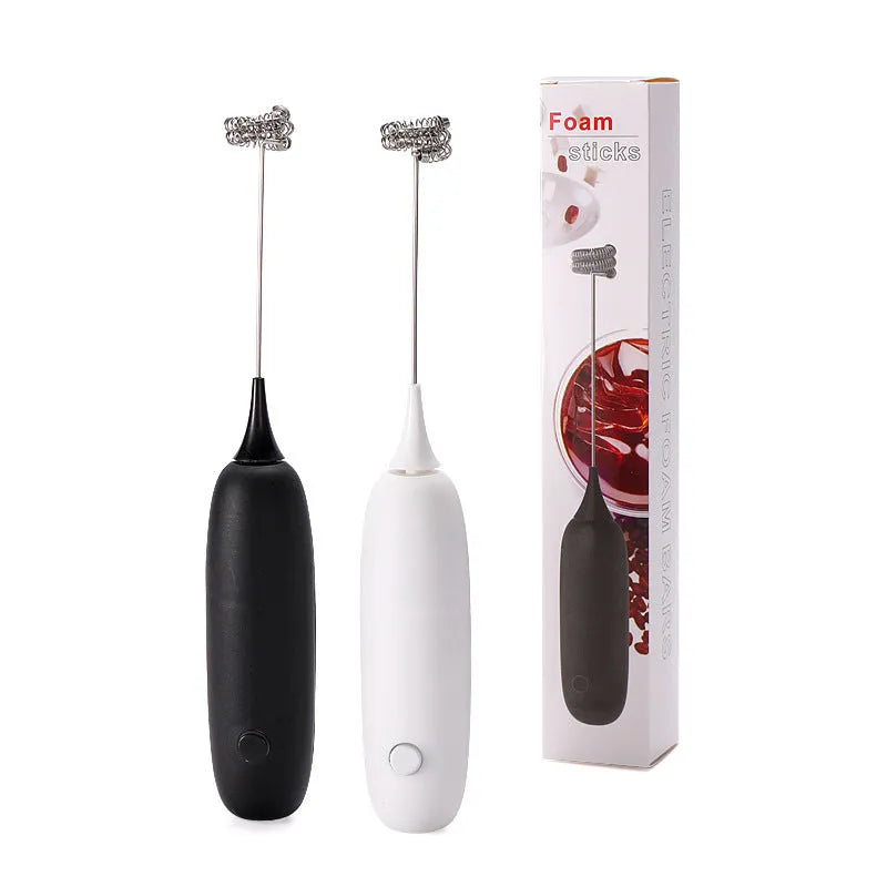 Hand-held electric milk frother blender in black or white colour with modern simplicity design