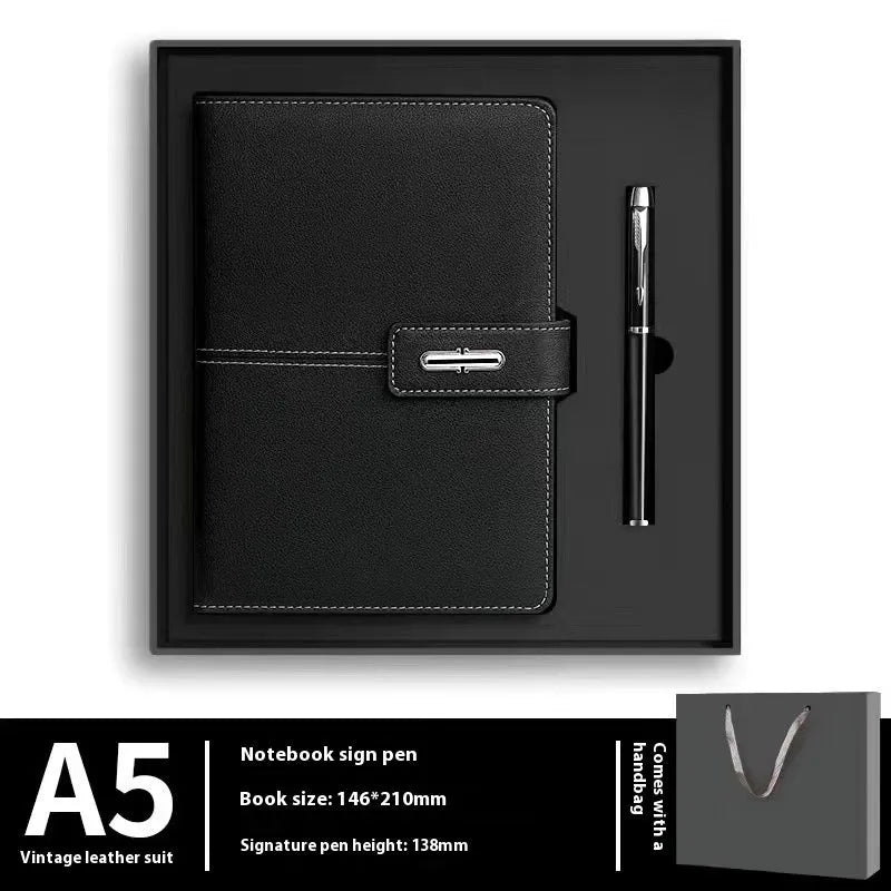 A5 notebook with PU leather cover shown in multiple colour options including black, red, green, blue, and orange.