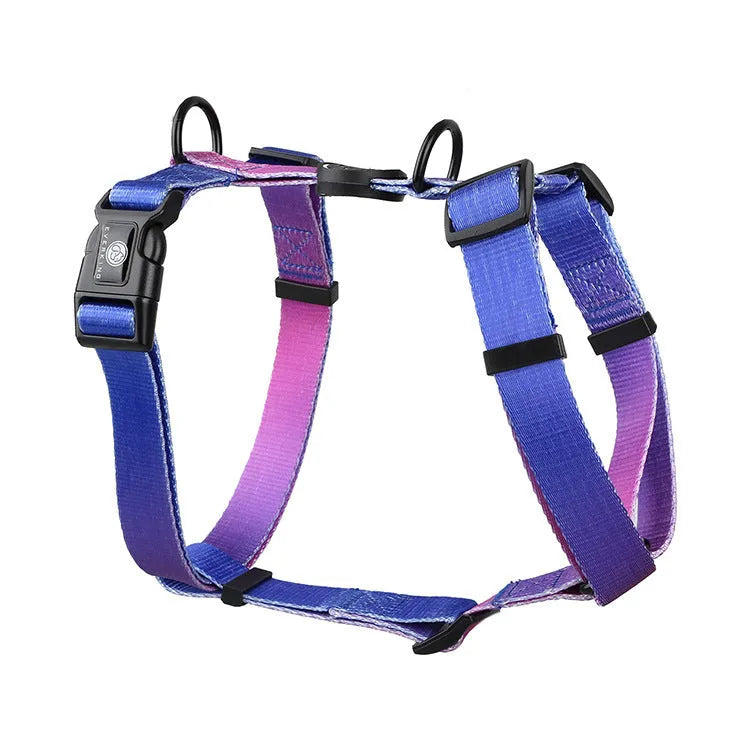 Gradient colour polyester dog harness in sizes S, M, L.