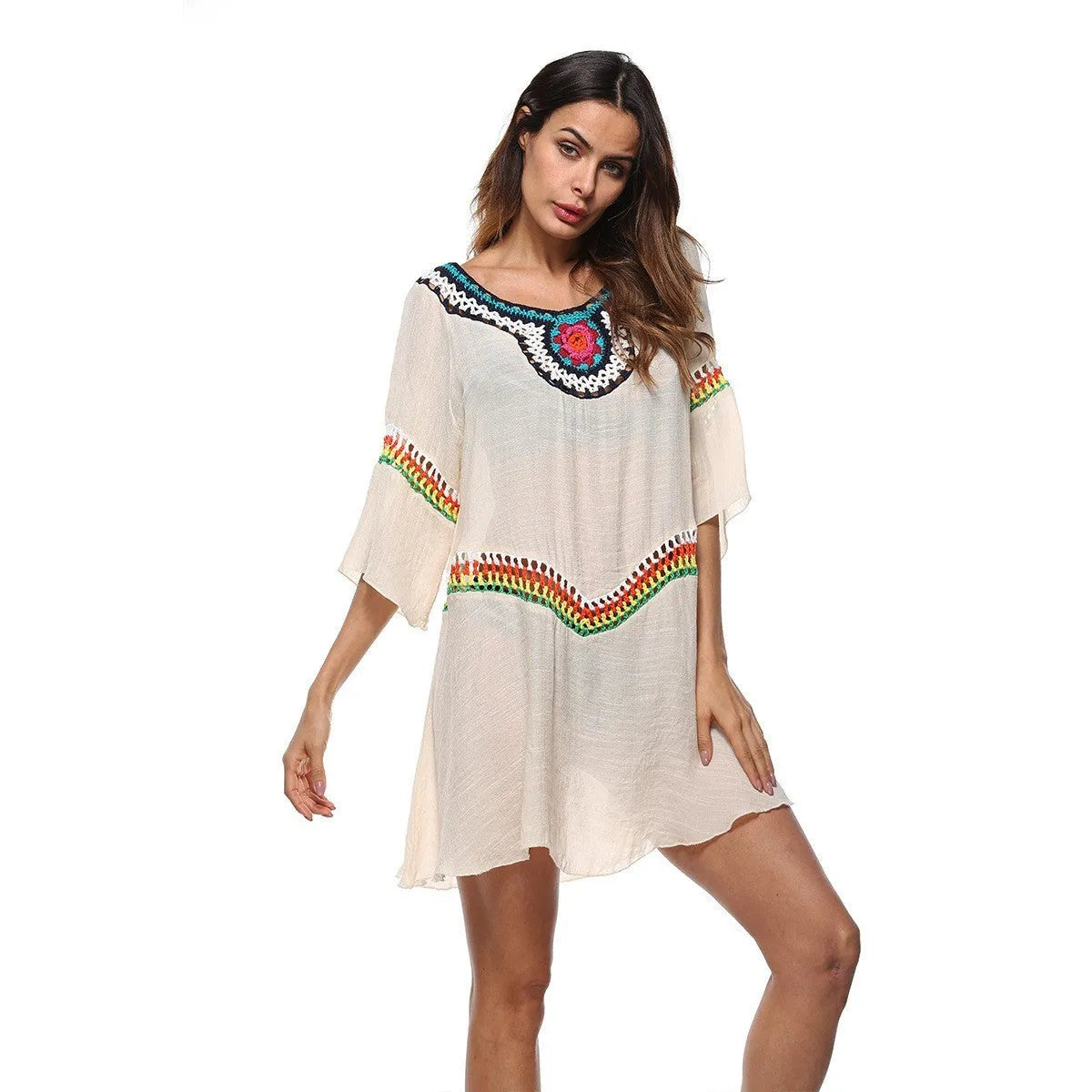 Women's crocheted ethnic style sun protection clothing in apricot, black, sapphire blue, and white for beach swimming