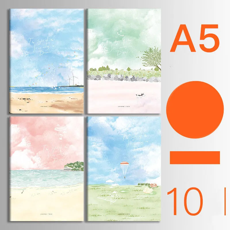 Ten soft cover kraft paper notebooks with thread binding in A5 and B5 sizes showing multiple design styles
