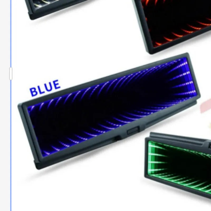 Square blue plastic car rearview mirror with a wide flat glass and integrated LED lighting strips on the housing.