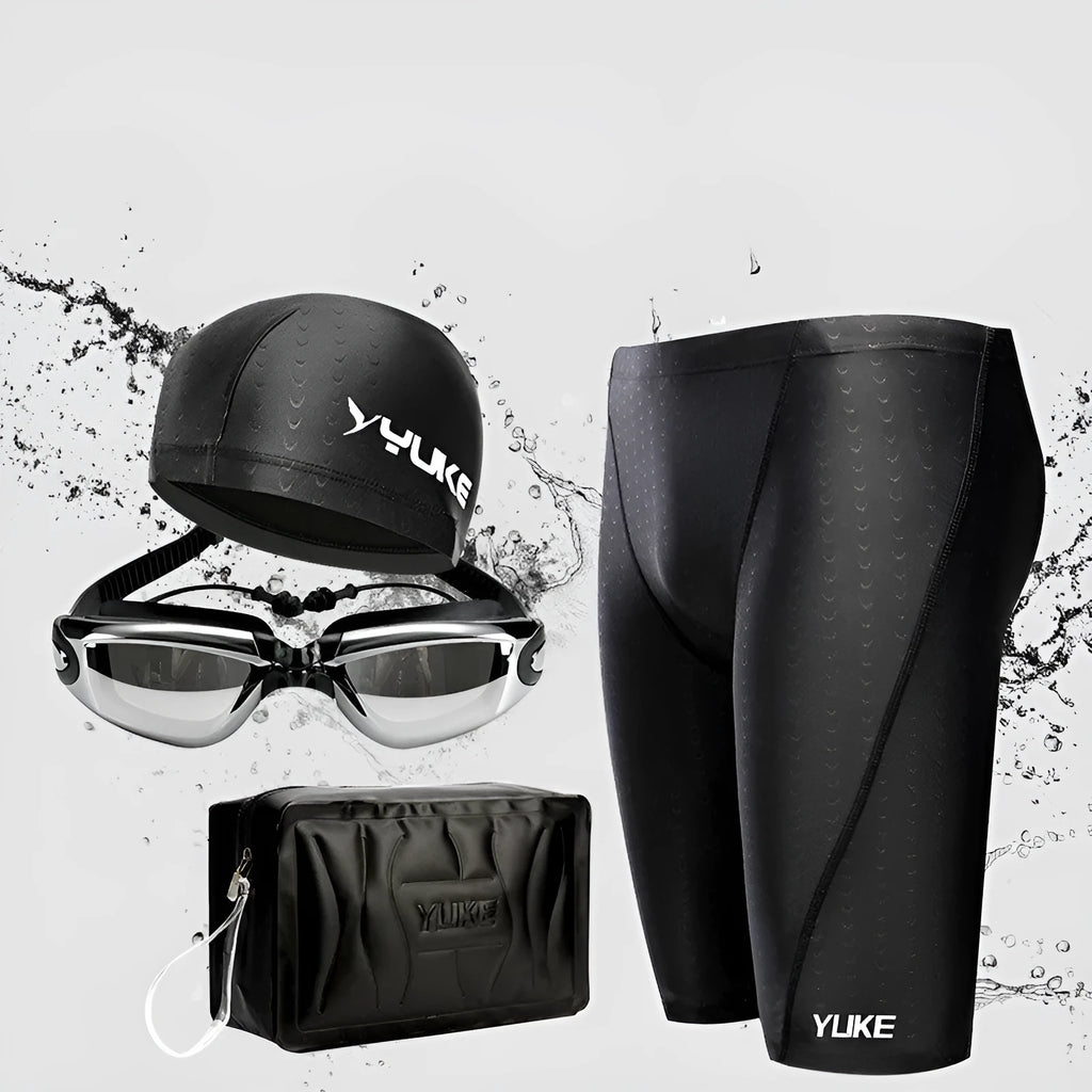 Men's black polyester swimming trunks set with anti-fog goggles, waterproof cap, ear plugs, nose clip, and carry bag.