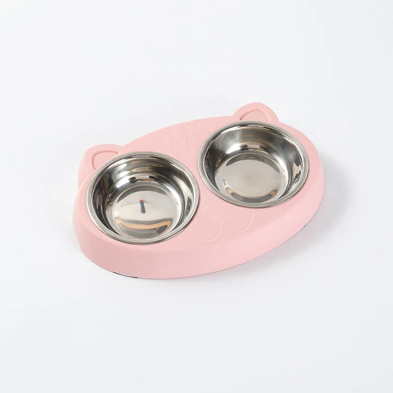 Plastic double bowl pet feeder with non-slip base in blue colour