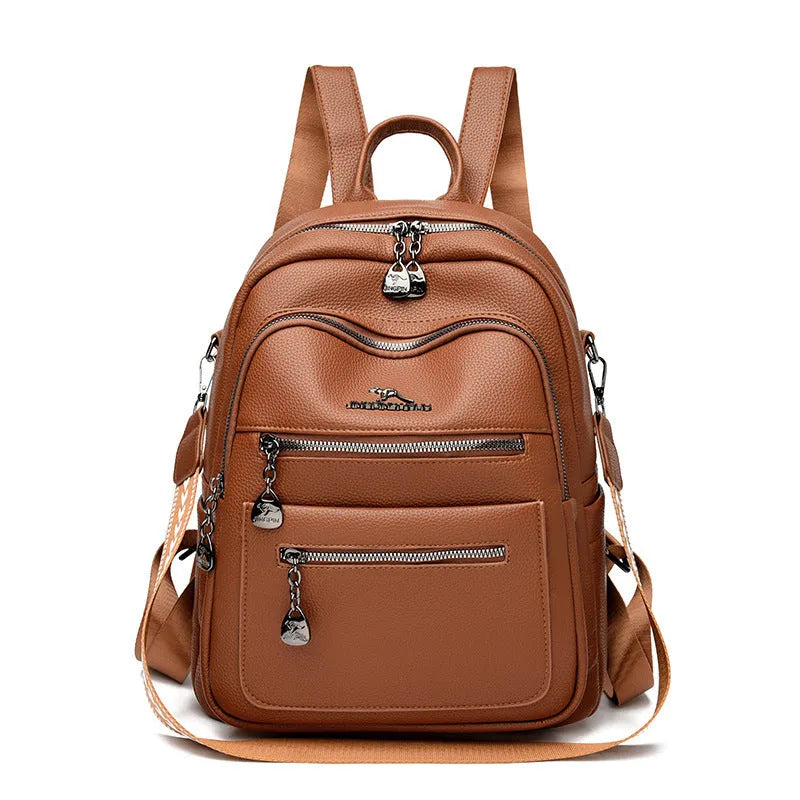 Genuine leather commuting backpack with flap pocket, black yellow beige options, water-resistant multi-pocket design