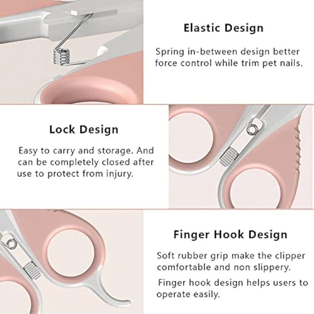 Grey and pink cat nail clippers with safety lock and angled stainless steel blade for pet grooming.