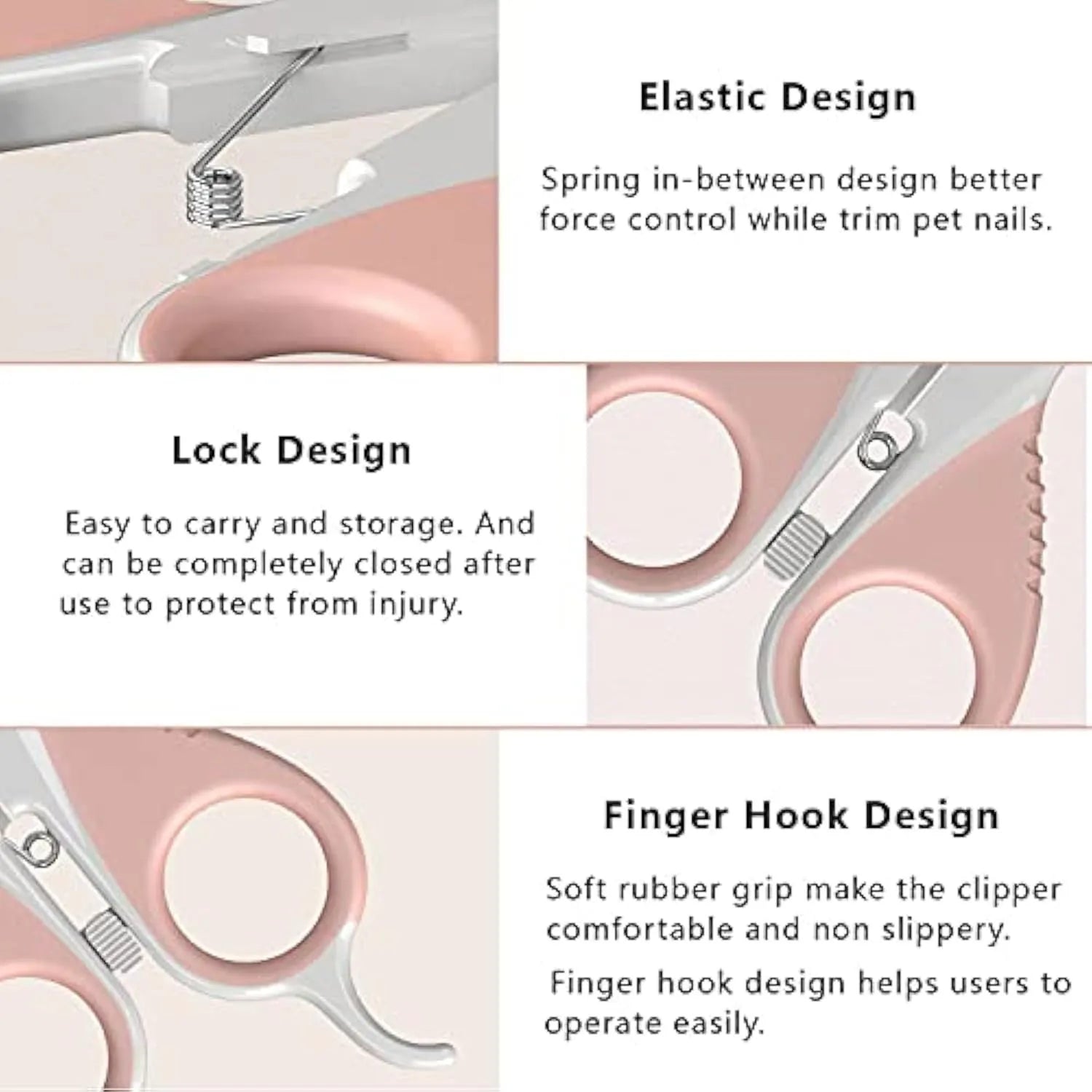 Grey and pink cat nail clippers with safety lock and angled stainless steel blade for pet grooming.