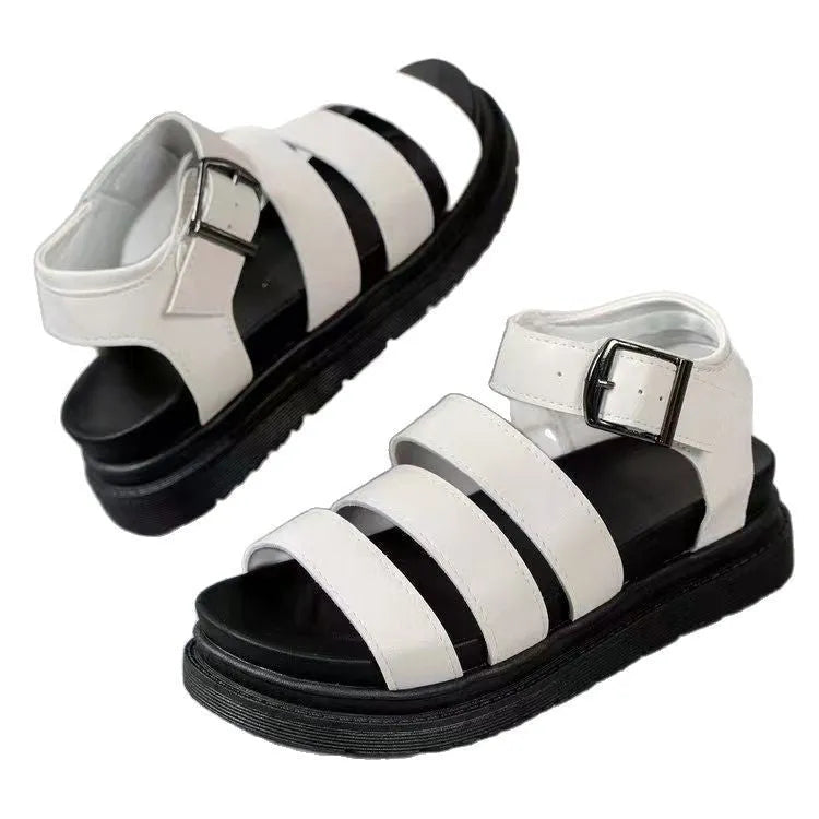 Black buckle sandals with thick rubber sole and fish mouth toe design for outdoor wear
