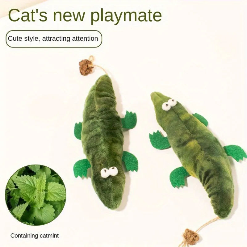Green plush alligator catnip toy measuring 19 cm with peppermint scent for oral cleansing