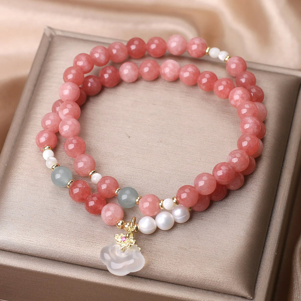 Pink agate crystal bracelet for women with double ring design, handmade Chinese style