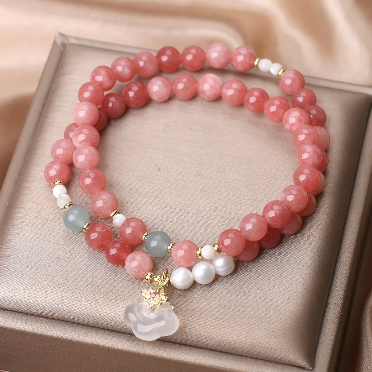Pink agate crystal bracelet for women with double ring design, handmade Chinese style
