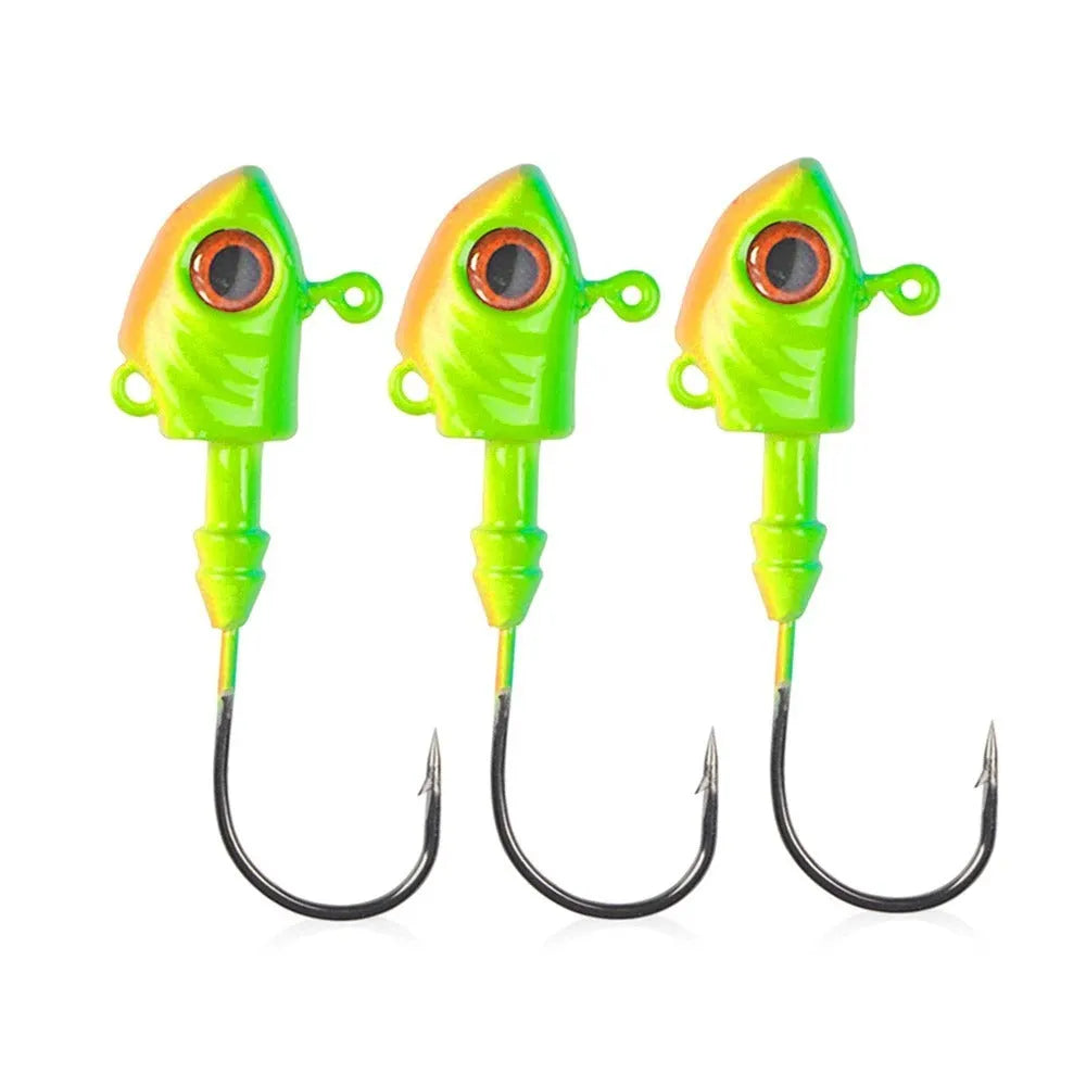 Yayu-shaped lead head fishing hooks in blue, silver, and yellow colours with weight options from 3.5g to 28g