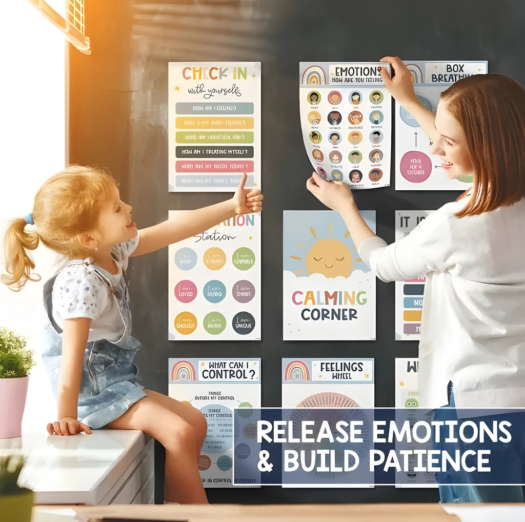 Calm corner poster set with 12 calm posters and puzzle style for classroom wall decoration