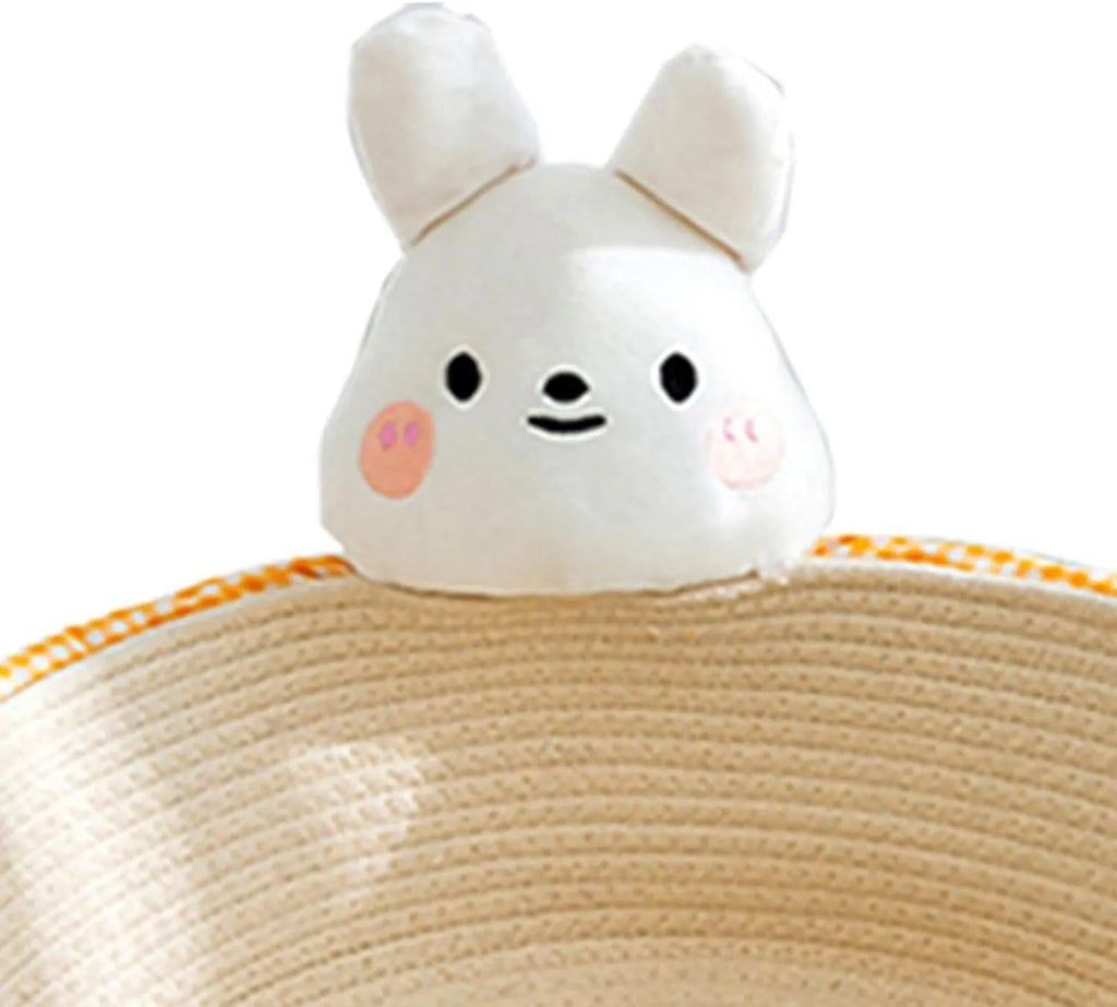 Woven cotton rope cat bed with integrated scratching board in bear design