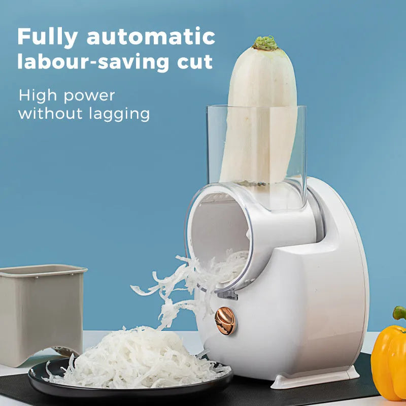 White electric vegetable slicer with suction base and interchangeable blades for automatic cutting
