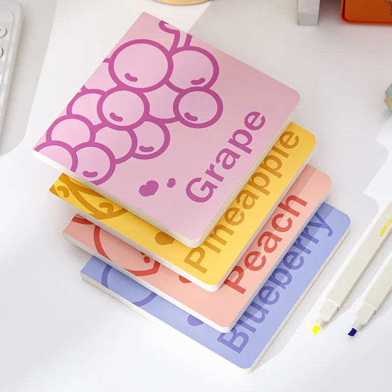 Square notebook with fruit colour embossed special paper cover showing 14.5cm dimensions and 80g thickened paper pages