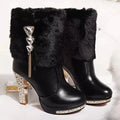 Women's black ankle boots with chunky high heels made from artificial PU leather