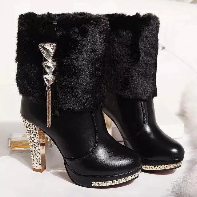 Women's black ankle boots with chunky high heels made from artificial PU leather