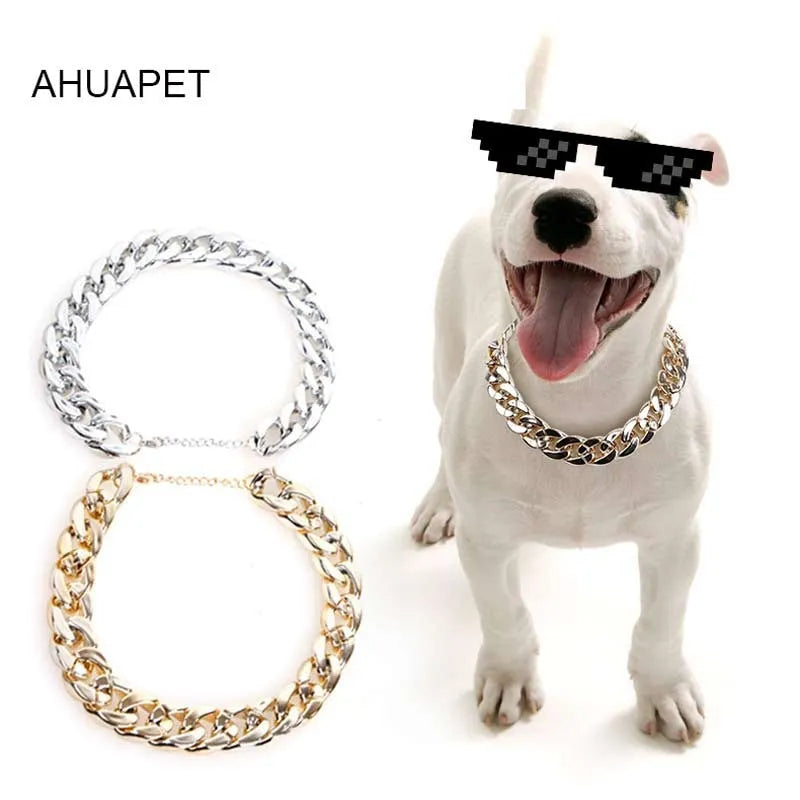 Geometric shaped gold colour dog collar with chain links and buckle on a white background.