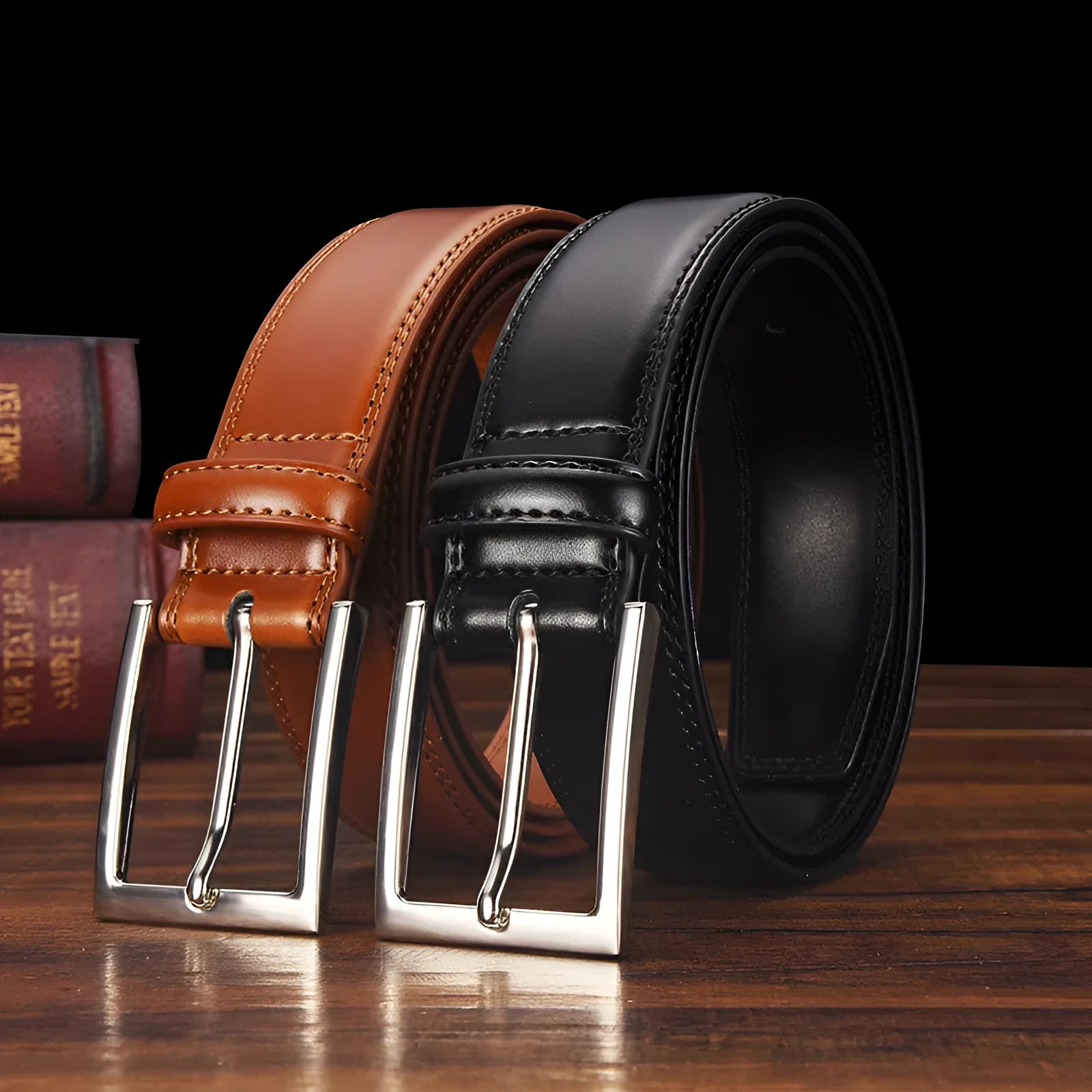 Men's genuine two-layer cowhide leather belt with alloy pin buckle in classic black or brown