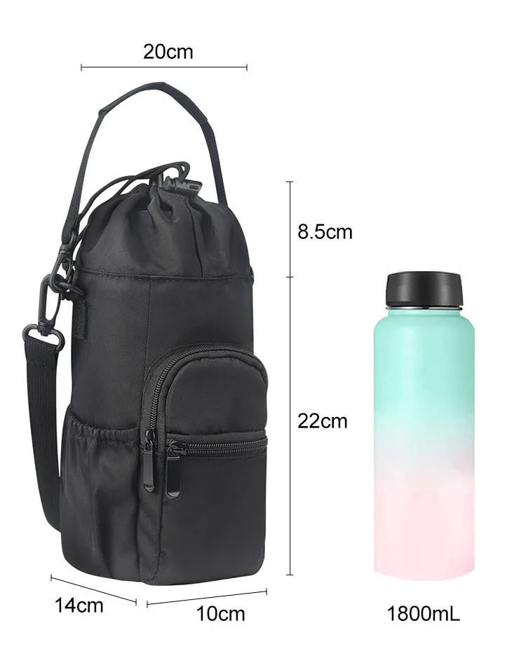 Cloth water bottle shoulder bag in black, green, or pink colours with a drawstring closure.
