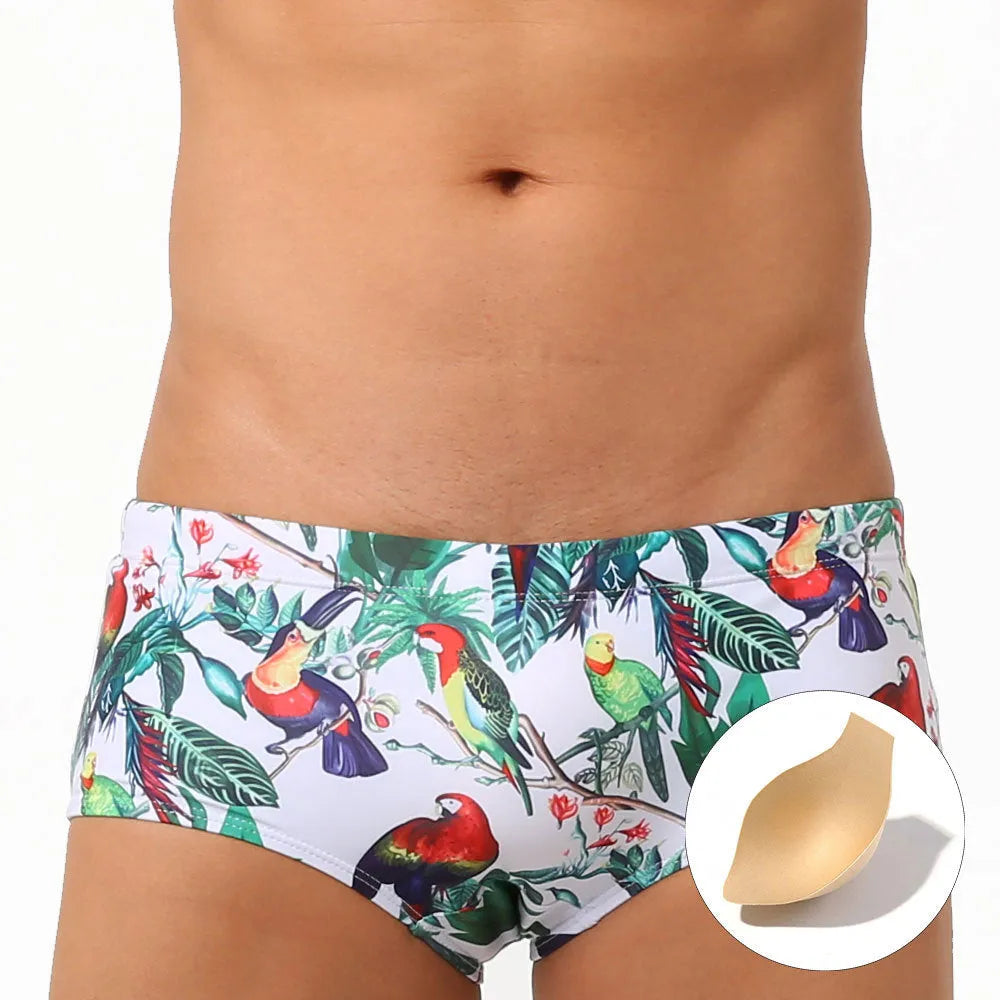 Men's floral bird print swimming trunks in nylon boxer brief style on size chart