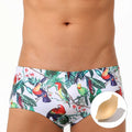 Men's floral bird print swimming trunks in nylon boxer brief style on size chart