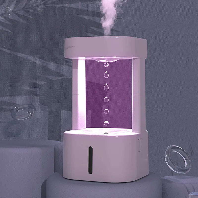 Anti-gravity water drop humidifier, 580ml, USB Type-C, 12.5 x 12.5 x 23.5cm ABS body, Coloured light or White