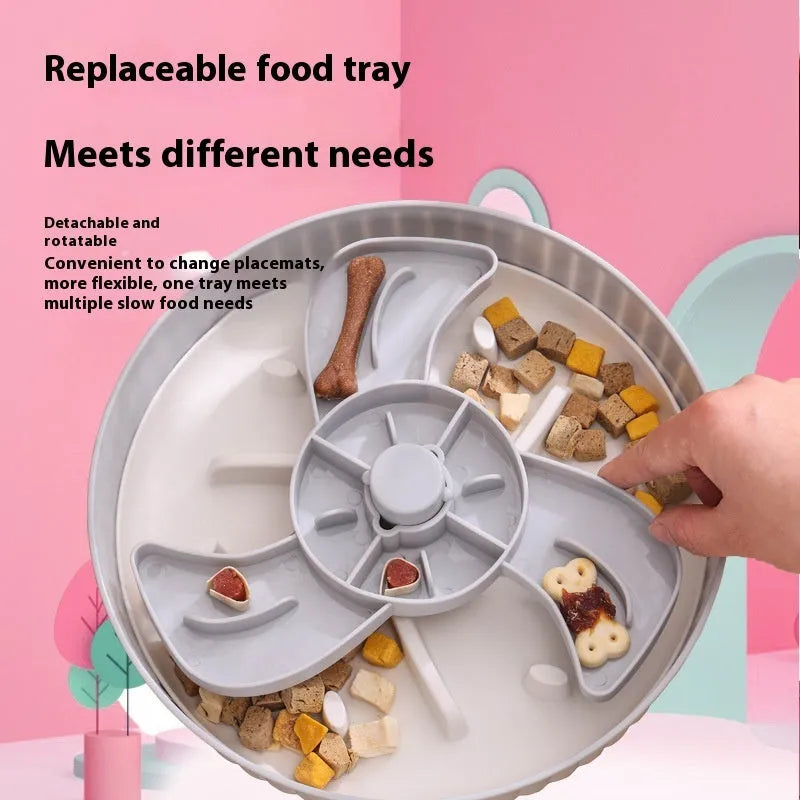 Pet slow feeder bowl with rotating game board and silicone lick pad in selected colour