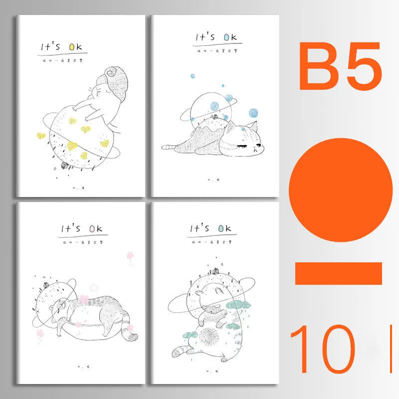 Ten soft cover kraft paper notebooks with thread binding in A5 and B5 sizes showing multiple design styles