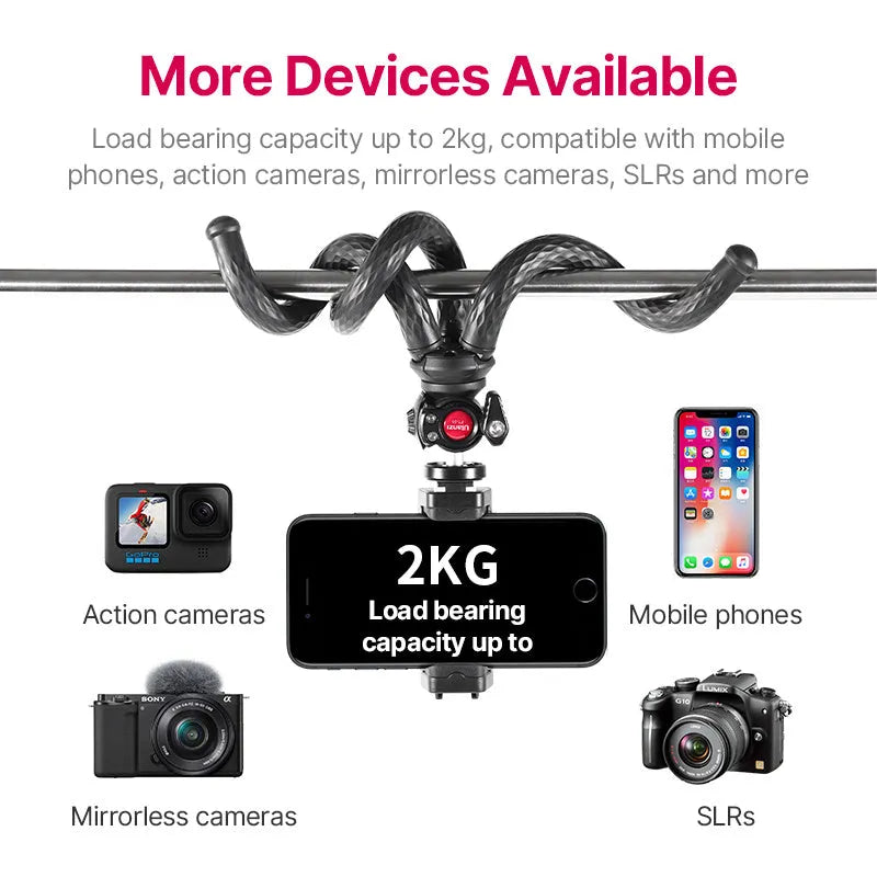 Black octopus leg mobile phone tripod set with phone clip, model FT-01, extended to 360mm
