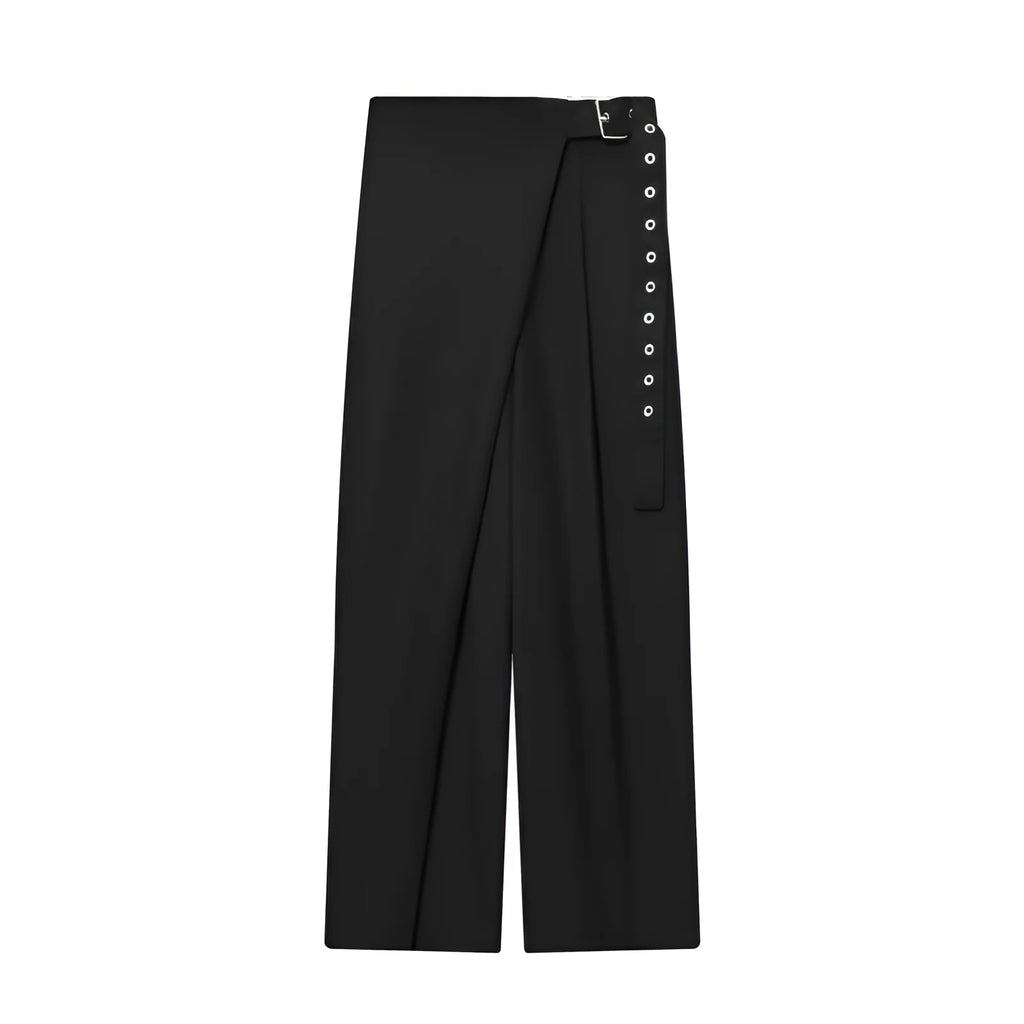 Women's black wrap design trousers in wool blend, mid waist, inelastic, sizes XS to L