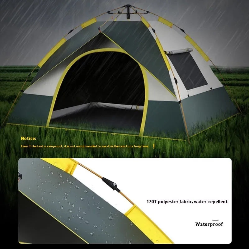 Dark green automatic quick-open camping tent for 3-4 people with glass fibre poles and storage bag