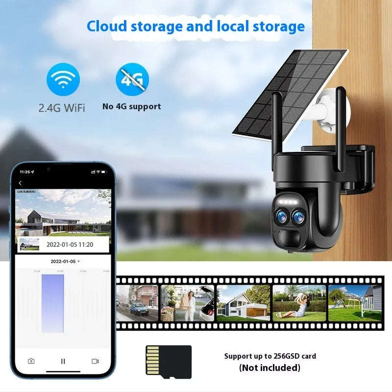 Solar-powered security camera with zoom lens mounted outdoors