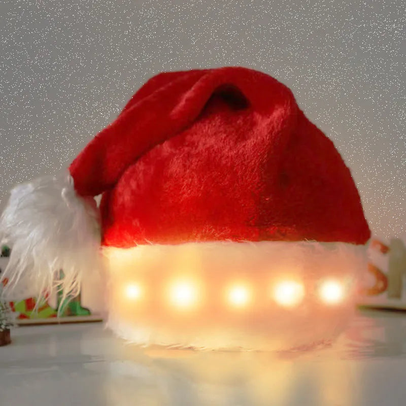 Red and white plush Santa hat with white pom-pom and 20 glowing LED lights on the brim.