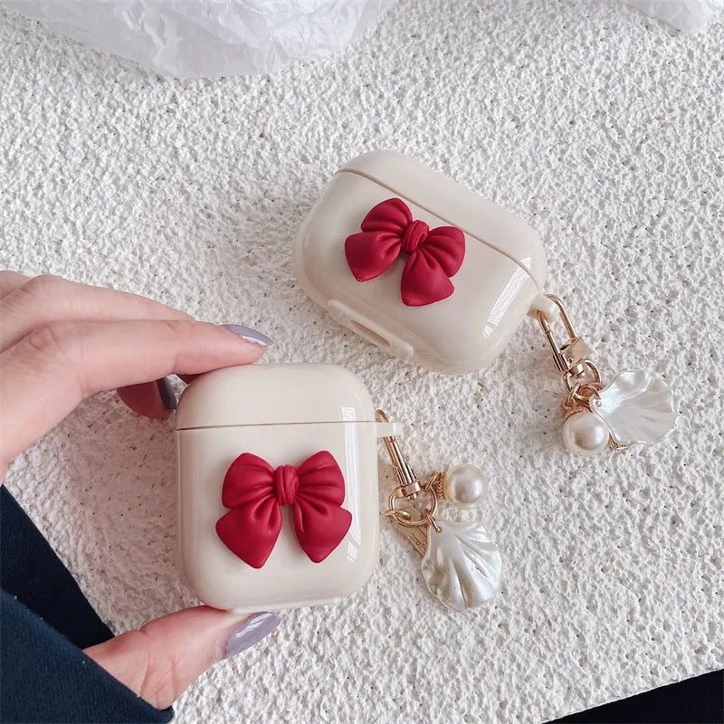 Beige red bow shell pendant TPU case for AirPods Pro and AirPods 1-3 wireless earphones