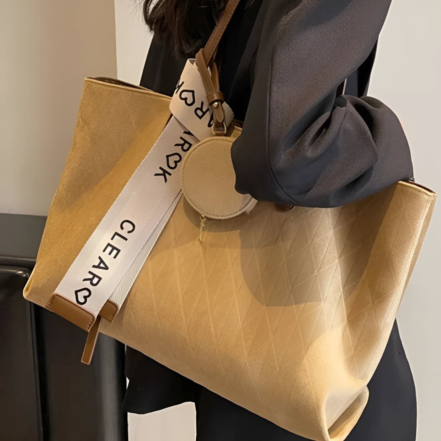 Large capacity casual tote shoulder bag in soft polyester with horizontal square shape