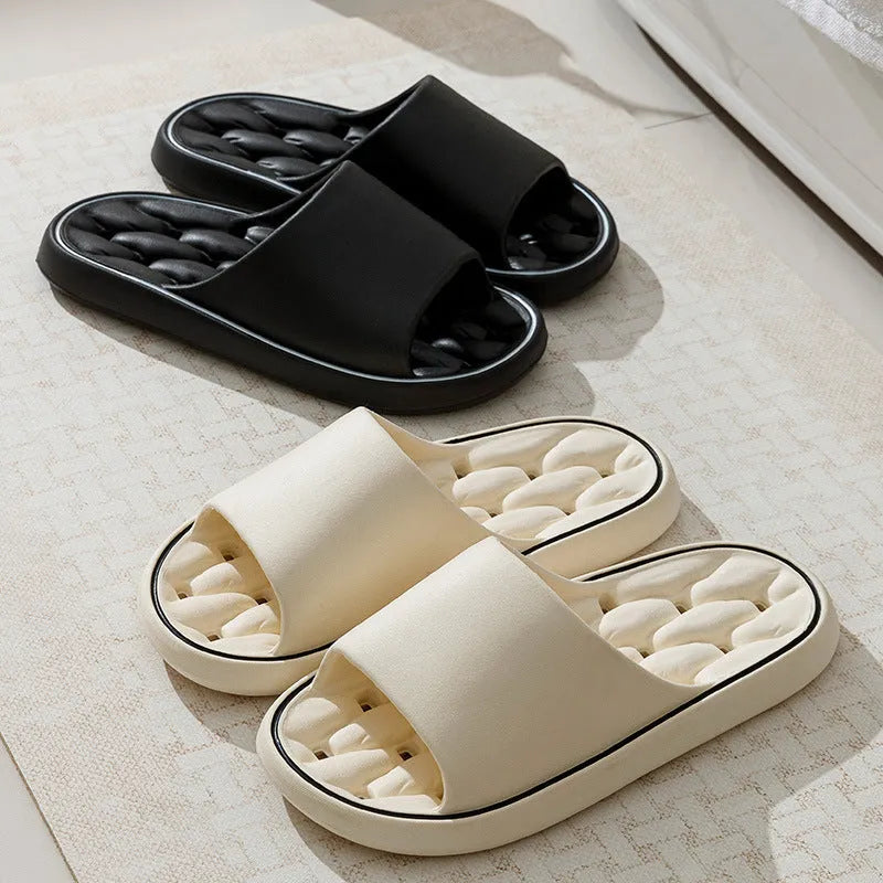 Non-slip EVA bathroom slippers with thick sole and hollow upper, available in seven colours and five sizes.