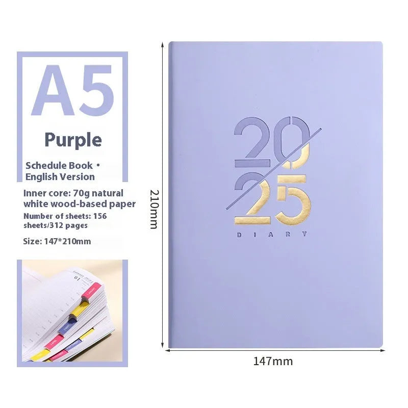 A5 daily schedule book with soft faux leather cover, open to show thread-bound 150 pages.