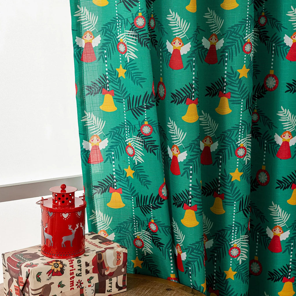 Green Christmas curtain with printed snowman and angel pattern, 1 metre length