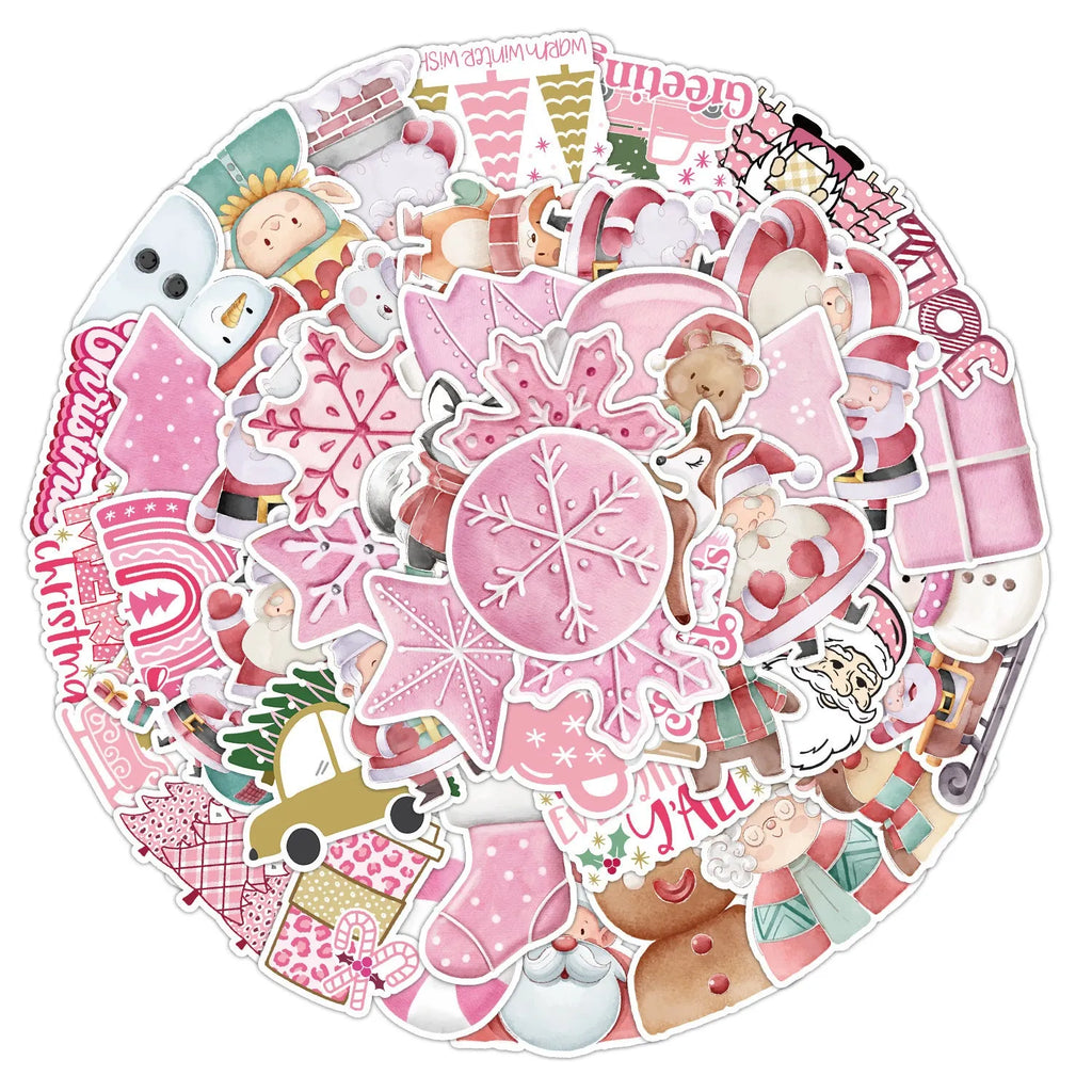 Assortment of 50 cute Christmas-themed waterproof stickers ranging from 4cm to 8cm in size.