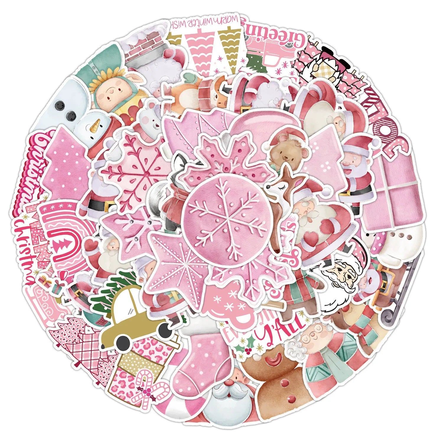 Assortment of 50 cute Christmas-themed waterproof stickers ranging from 4cm to 8cm in size.