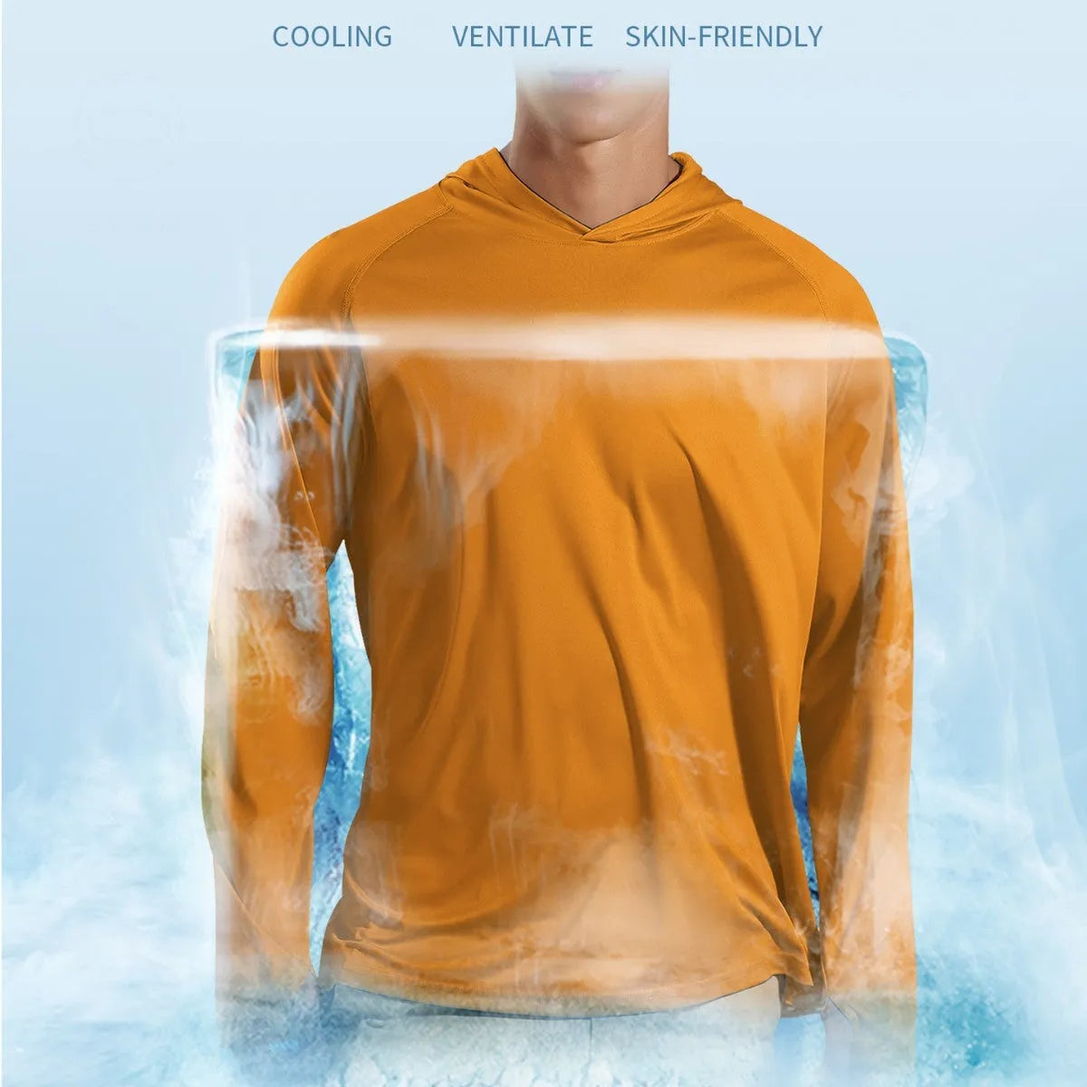 Long-sleeved hooded outdoor top in a solid colour for fishing and climbing with UV protection.