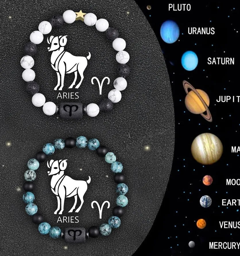 Set of twelve natural stone beaded bracelets showing different zodiac sign charms.