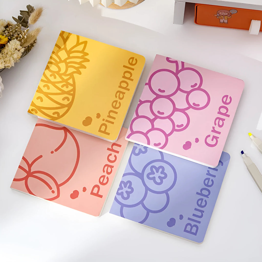 Square notebook with fruit colour embossed special paper cover showing 14.5cm dimensions and 80g thickened paper pages