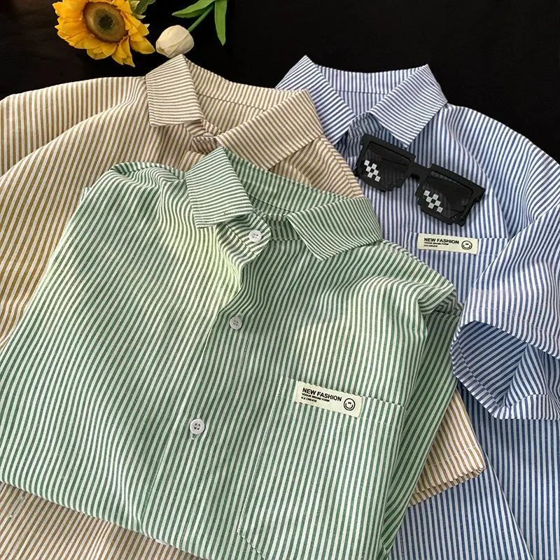 Blue and green striped loose fit plus size half sleeve polyester shirt