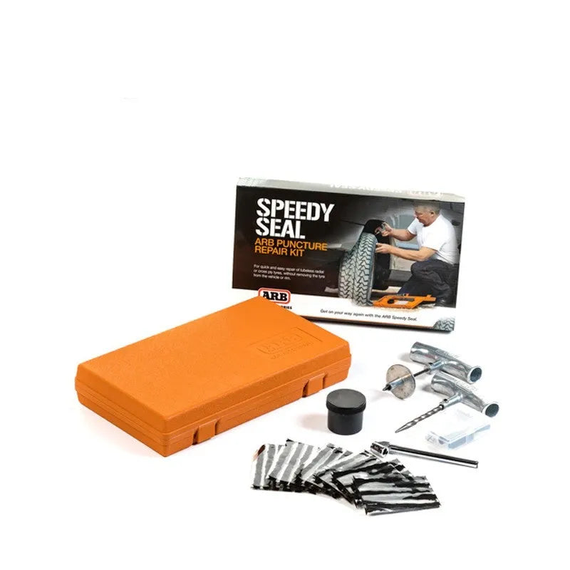 Emergency tyre repair tool set in compact case with tyre pressure gauge and spring steel insertion tools