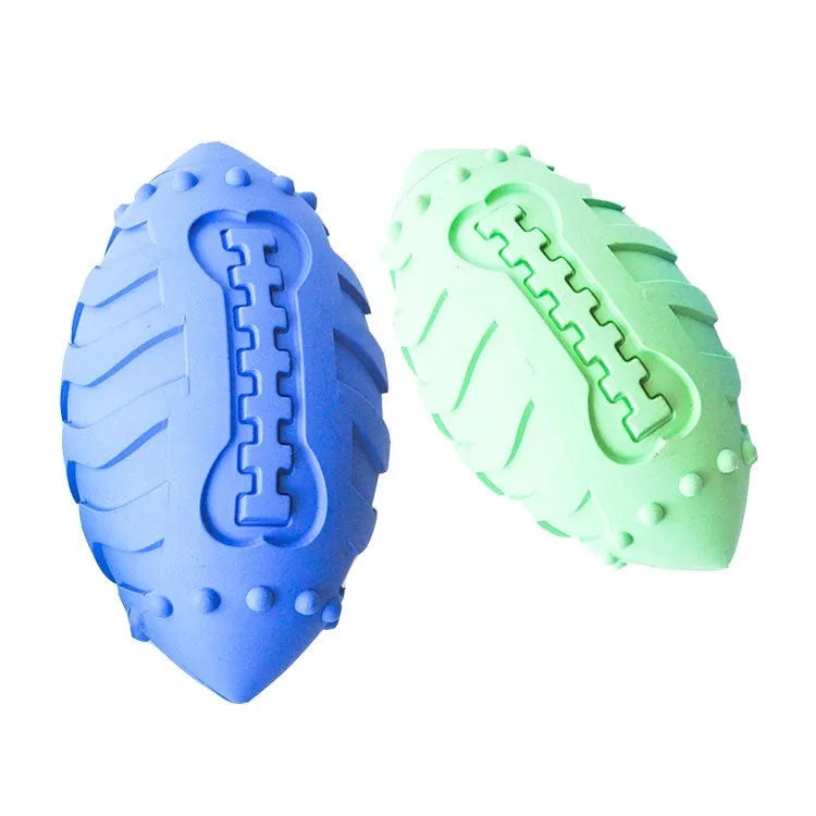 Light green rubber rugby ball dog toy with vocal element for interactive training and teeth cleaning
